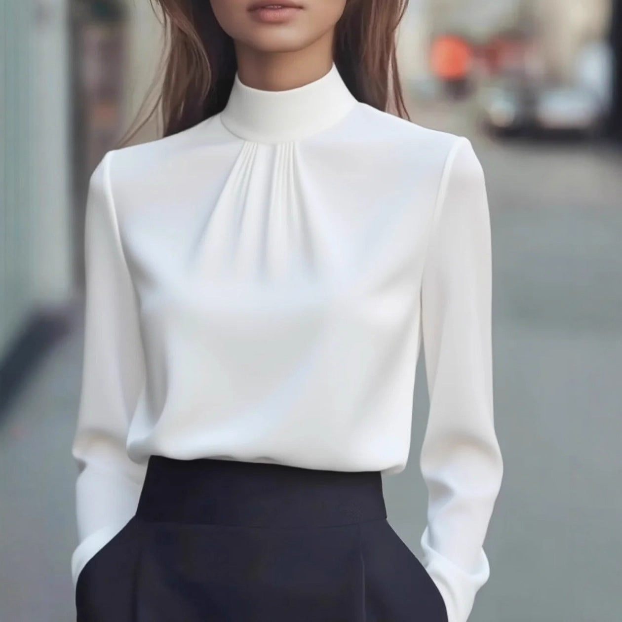 Pleated Mock Neck Blouse for Women – Elegant Formal Comfort