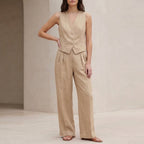 Fitted V-Neck Vest and Wide-Leg Pleated Trousers Set for Women – Stylish & Comfortable Smart Casual