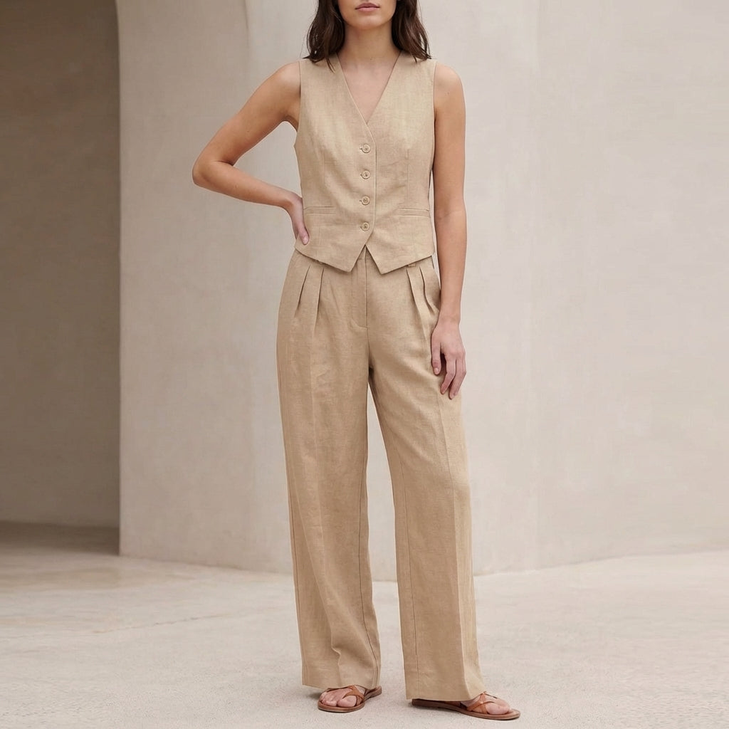 Fitted V-Neck Vest and Wide-Leg Pleated Trousers Set for Women – Stylish & Comfortable Smart Casual