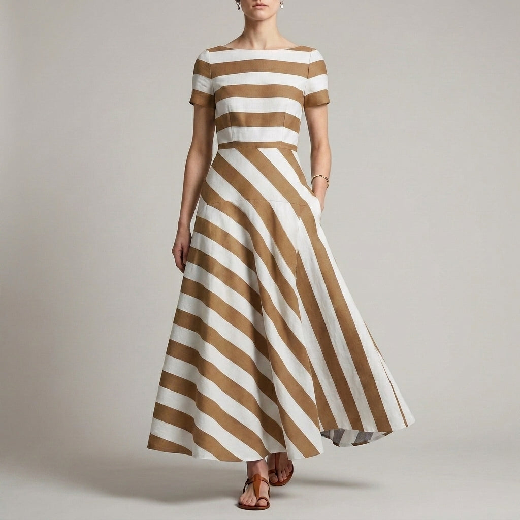A-Line Ankle-Length Striped Maxi Dress with Pockets for Women – Stylish & Comfortable
