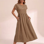 Isla Relaxed Fit Midi Dress | Side Pockets Gathered Waist Dress