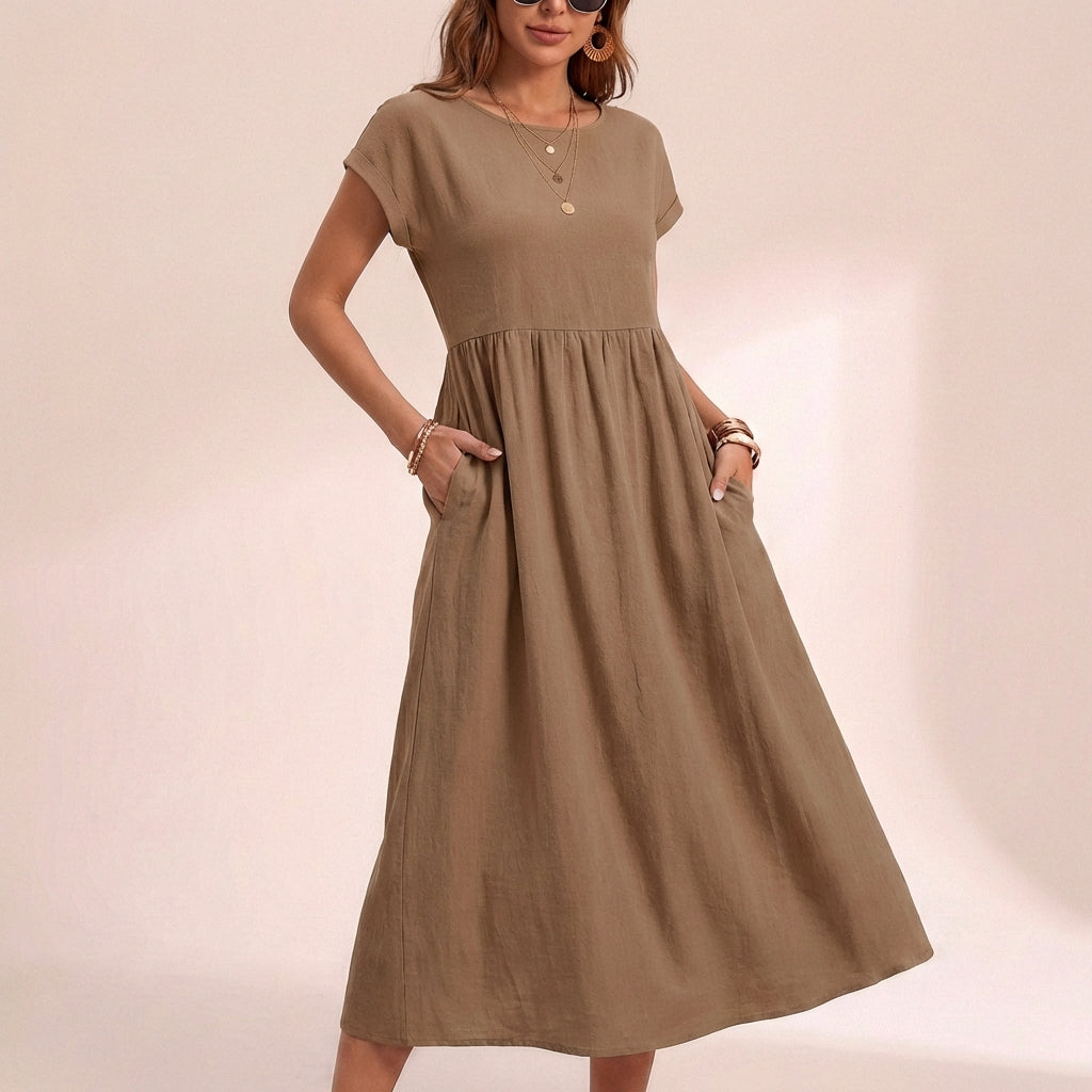 Isla Relaxed Fit Midi Dress | Side Pockets Gathered Waist Dress