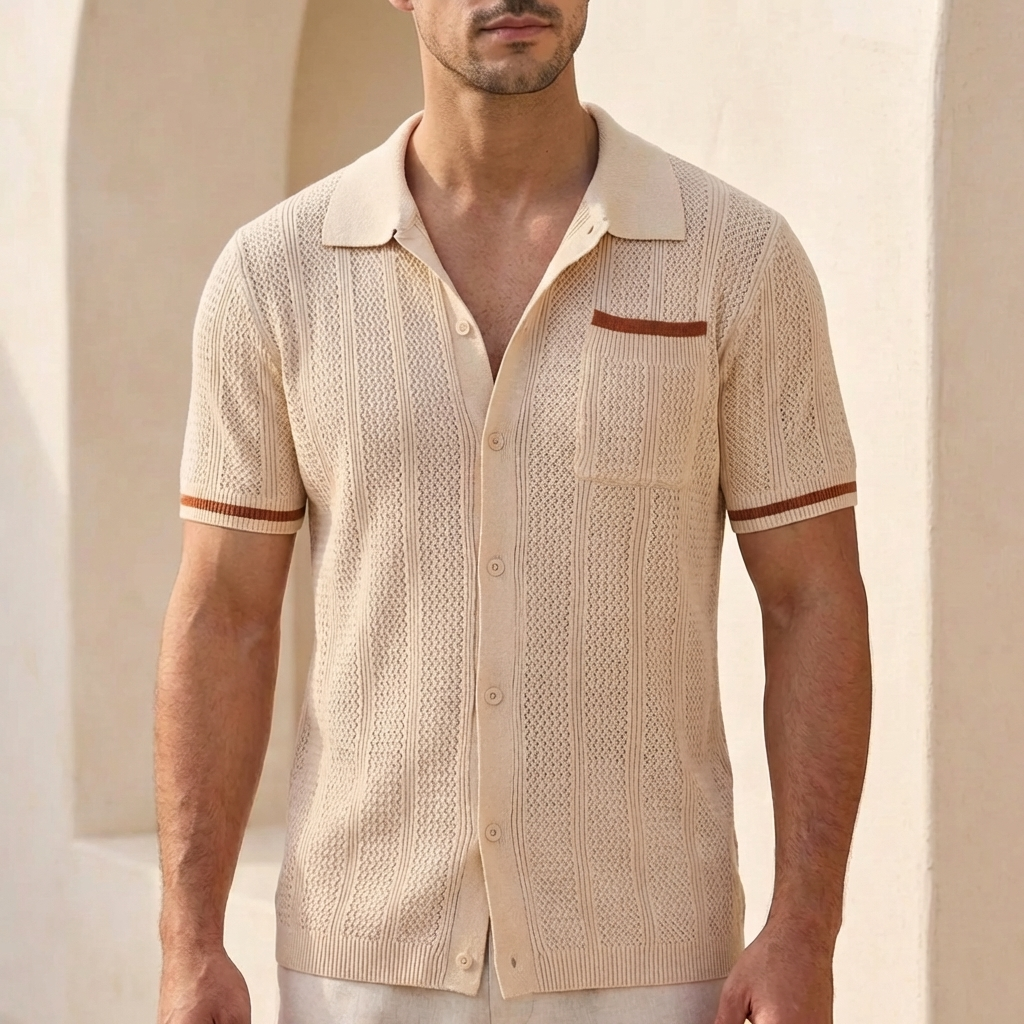 Relaxed Fit Striped Knit Polo Shirt for Men – Stylish Casual Comfort