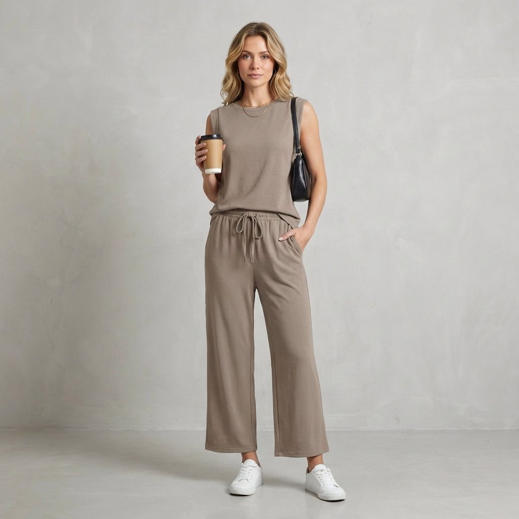 Relaxed Fit Muscle Tank and Wide-Leg Cropped Trousers Set for Women – Comfortable Casual Style