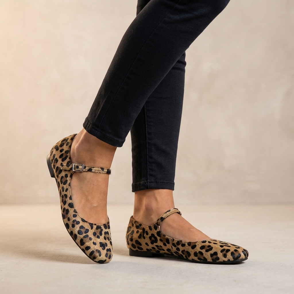 Fitted Leopard Print Mary Jane Flats with Buckle Strap for Women – Stylish & Comfortable