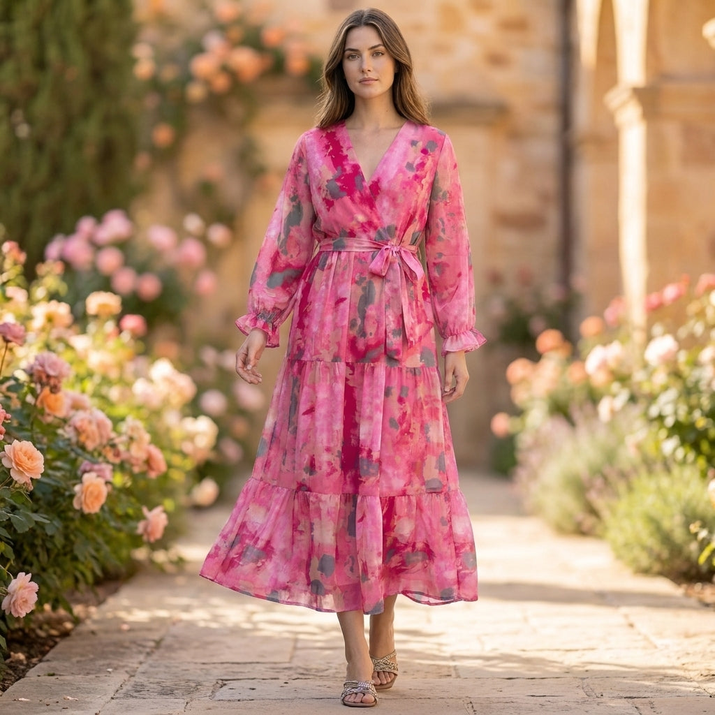 Belted Tiered Wrap A-Line Maxi Dress for Women – Elegant Stylish Comfort