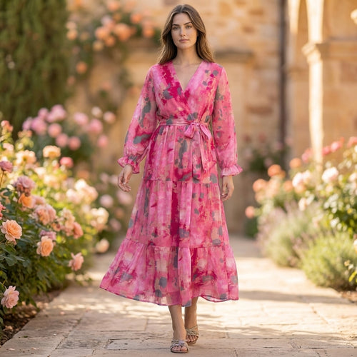 Belted Tiered Wrap A-Line Maxi Dress for Women – Elegant Stylish Comfort