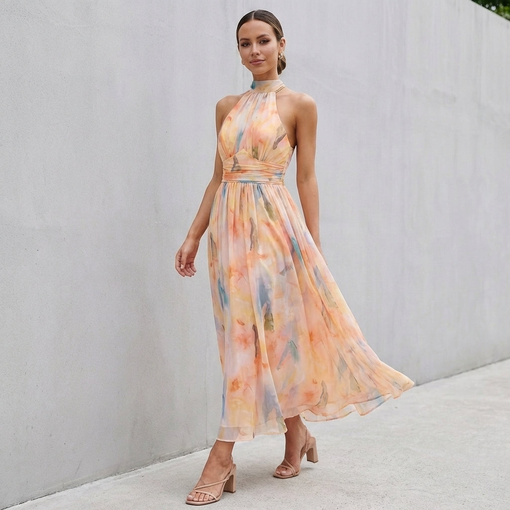 Pleated Belted A-Line Halter Neck Maxi Dress for Women – Elegant & Flattering Design