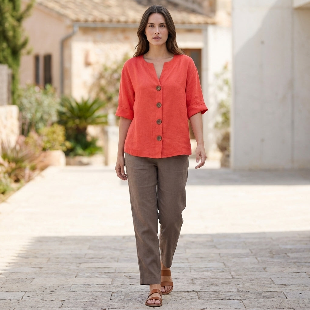 Relaxed Fit V-Neck Button-Up Shirt for Women – Stylish Casual Comfort