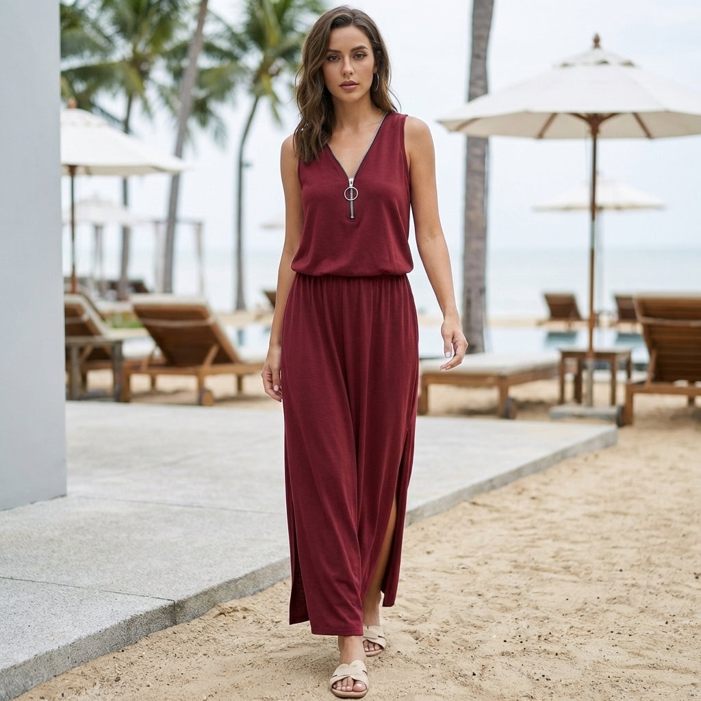 Relaxed Fit Sleeveless V-Neck Maxi Dress for Women – Stylish & Comfortable Design