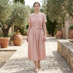 Pleated Belted A-Line Midi Dress for Women – Casual Elegant Comfort