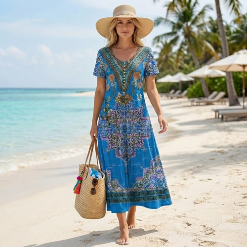 Bohemian A-Line Scoop Neck Maxi Dress for Women – Stylish & Comfortable Vacation Wear