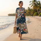 Pleated Oversized Floral Midi-Length Kaftan Dress for Women – Stylish Casual Comfort
