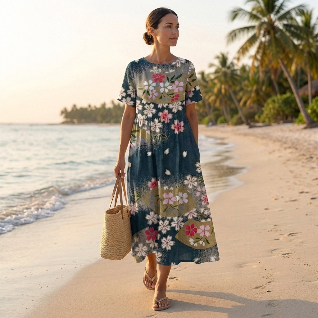 Pleated Oversized Floral Midi-Length Kaftan Dress for Women – Stylish Casual Comfort
