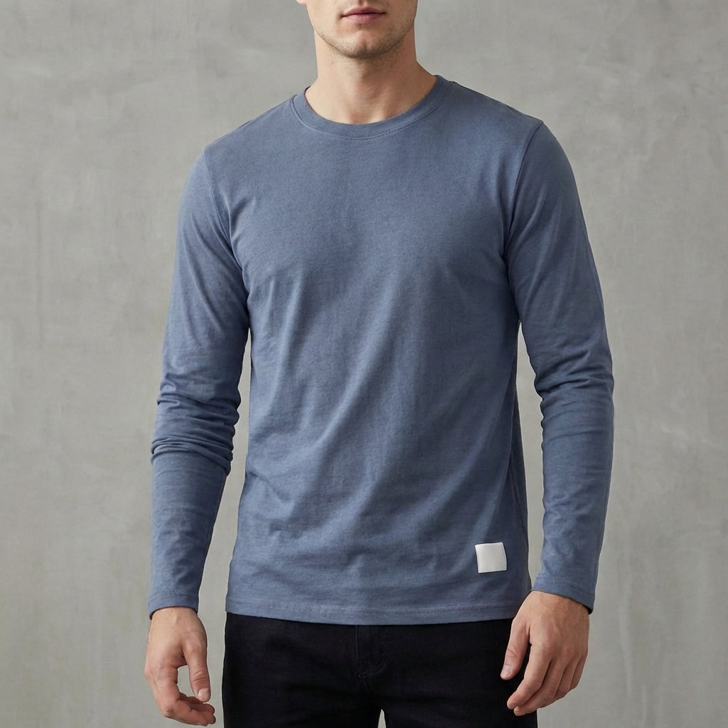 Archie Regular Fit Long Sleeve T-Shirt | Solid Crewneck Ribbed Collar T-Shirt