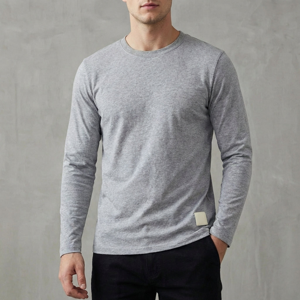 Archie Regular Fit Long Sleeve T-Shirt | Solid Crewneck Ribbed Collar T-Shirt