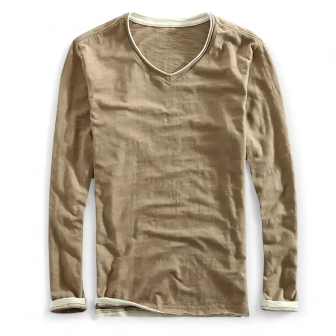 Classic Fit Contrast Trim V-Neck Long Sleeve T-Shirt for Men – Casual Comfort & Style