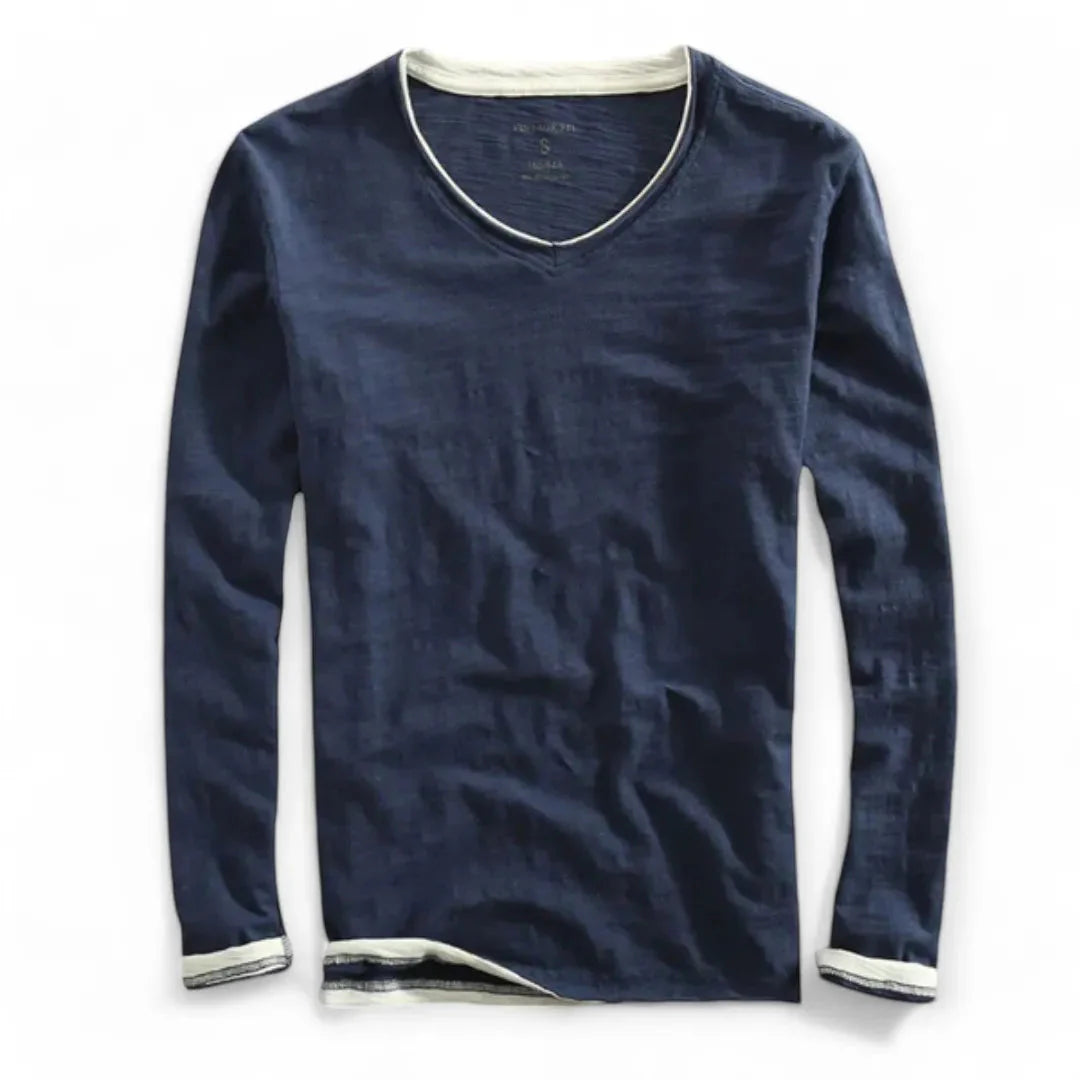 Classic Fit Contrast Trim V-Neck Long Sleeve T-Shirt for Men – Casual Comfort & Style