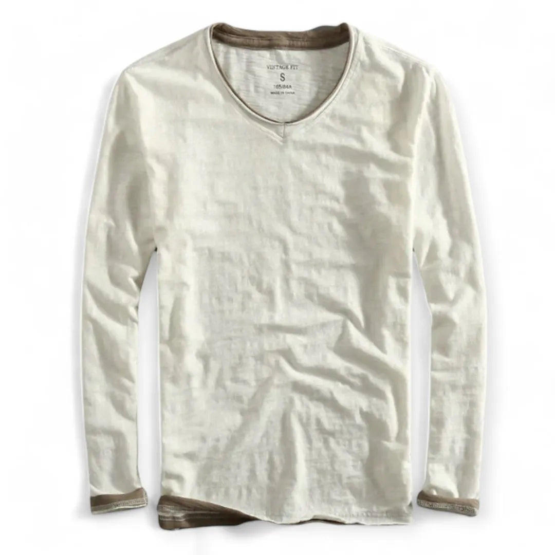 Classic Fit Contrast Trim V-Neck Long Sleeve T-Shirt for Men – Casual Comfort & Style