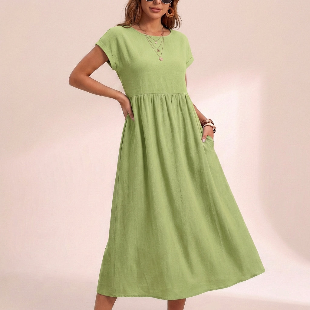 Isla Relaxed Fit Midi Dress | Side Pockets Gathered Waist Dress