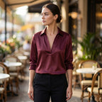 Draped Relaxed Fit Collared V-Neck Blouse for Women – Elegant Comfortable Design