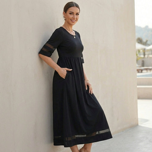 A-Line Maxi Dress with Mesh Panels and Pockets for Women – Stylish Comfortable Design