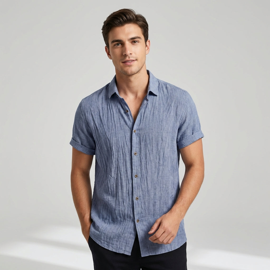 Relaxed Fit Crinkled Button-Up Shirt for Men – Casual Comfort & Style