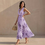 Thea Pleated A-Line Maxi Dress | V-Neck Balloon Sleeve Dress