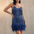 Sequined Fringed Feather Trim Slim Fit Mini Dress for Women – Elegant Party Style