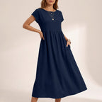 Isla Relaxed Fit Midi Dress | Side Pockets Gathered Waist Dress