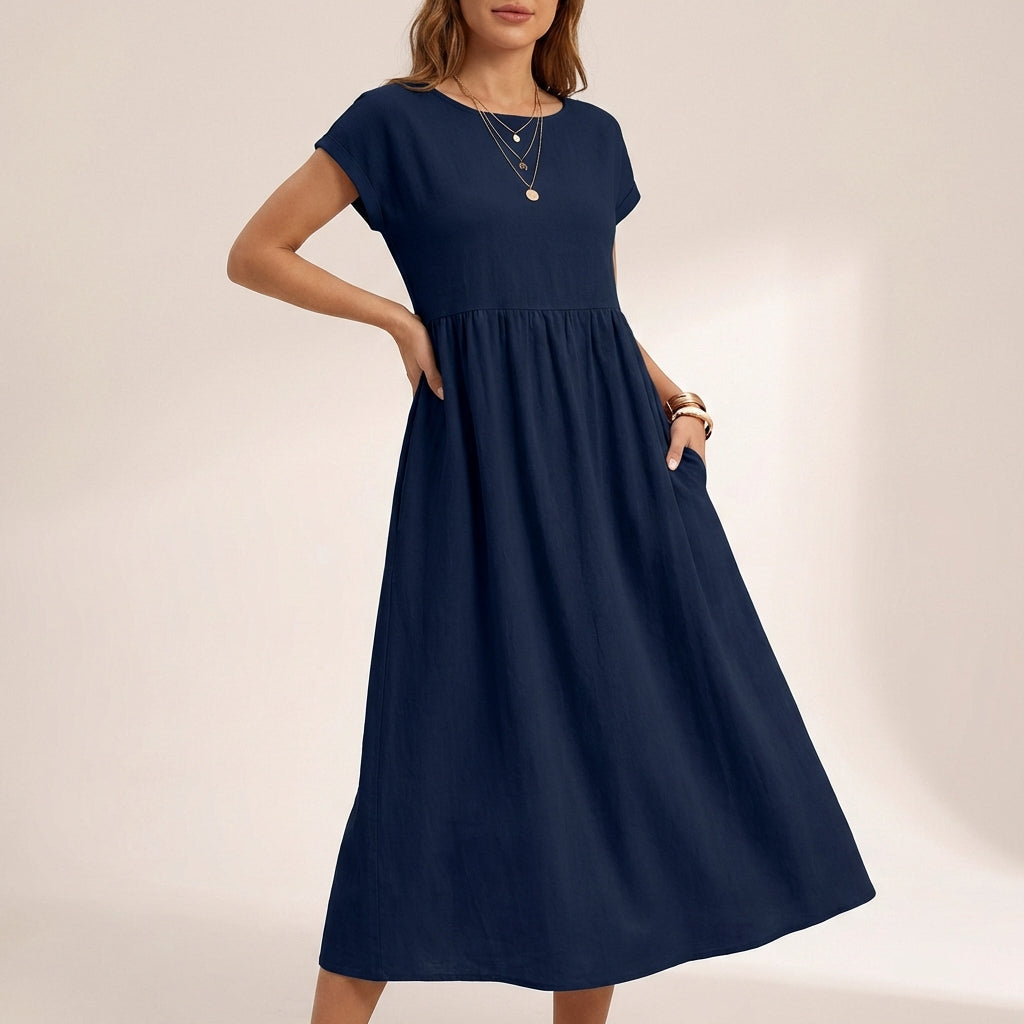 Isla Relaxed Fit Midi Dress | Side Pockets Gathered Waist Dress