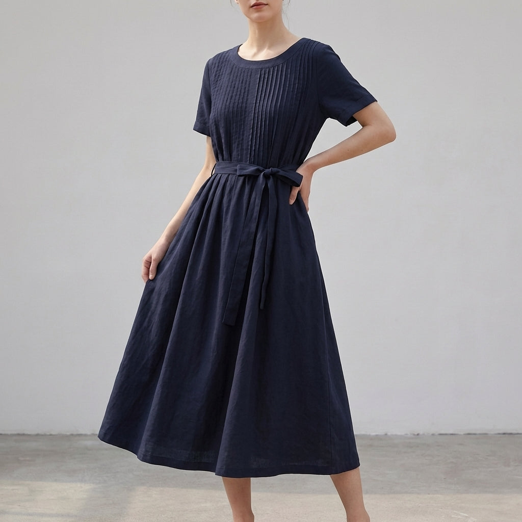 Pleated Belted A-Line Midi Dress for Women – Casual Elegant Comfort