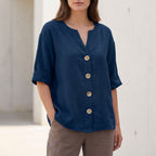 Relaxed Fit V-Neck Button-Up Shirt for Women – Stylish Casual Comfort