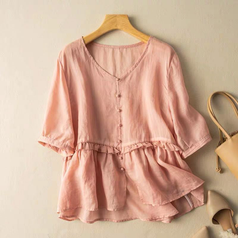 Button Front Ruffled Peplum Blouse for Women – Stylish Casual Comfort
