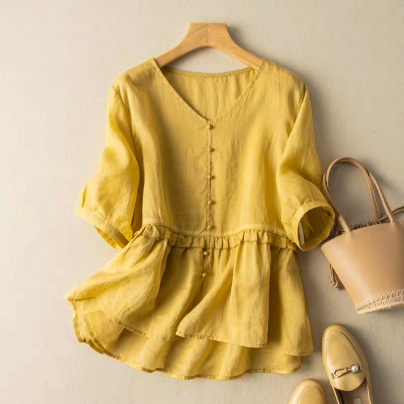 Button Front Ruffled Peplum Blouse for Women – Stylish Casual Comfort