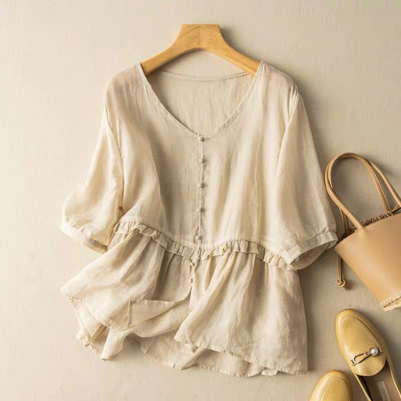 Button Front Ruffled Peplum Blouse for Women – Stylish Casual Comfort