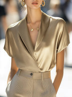 Relaxed Fit Wrap Front Shawl Collar Wrap Blouse for Women – Stylish And Comfortable