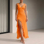 Sophia Fitted Maxi Dress | Ruffled High Slit Sleeveless Dress