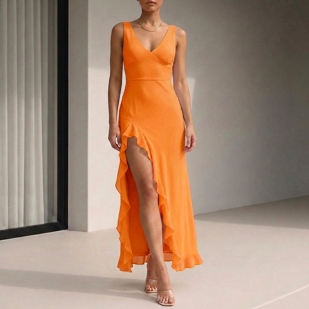 Sophia Fitted Maxi Dress | Ruffled High Slit Sleeveless Dress