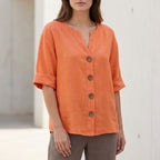 Relaxed Fit V-Neck Button-Up Shirt for Women – Stylish Casual Comfort