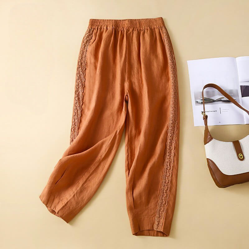 Relaxed Fit Lace Trim Ankle-Length Tapered Pants for Women – Comfortable Casual Style