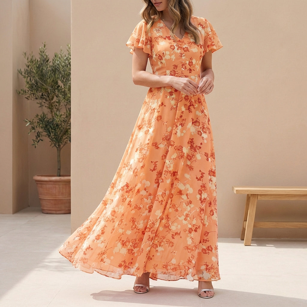 Sienna A-Line Maxi Dress | V-Neck Flutter Sleeve Dress