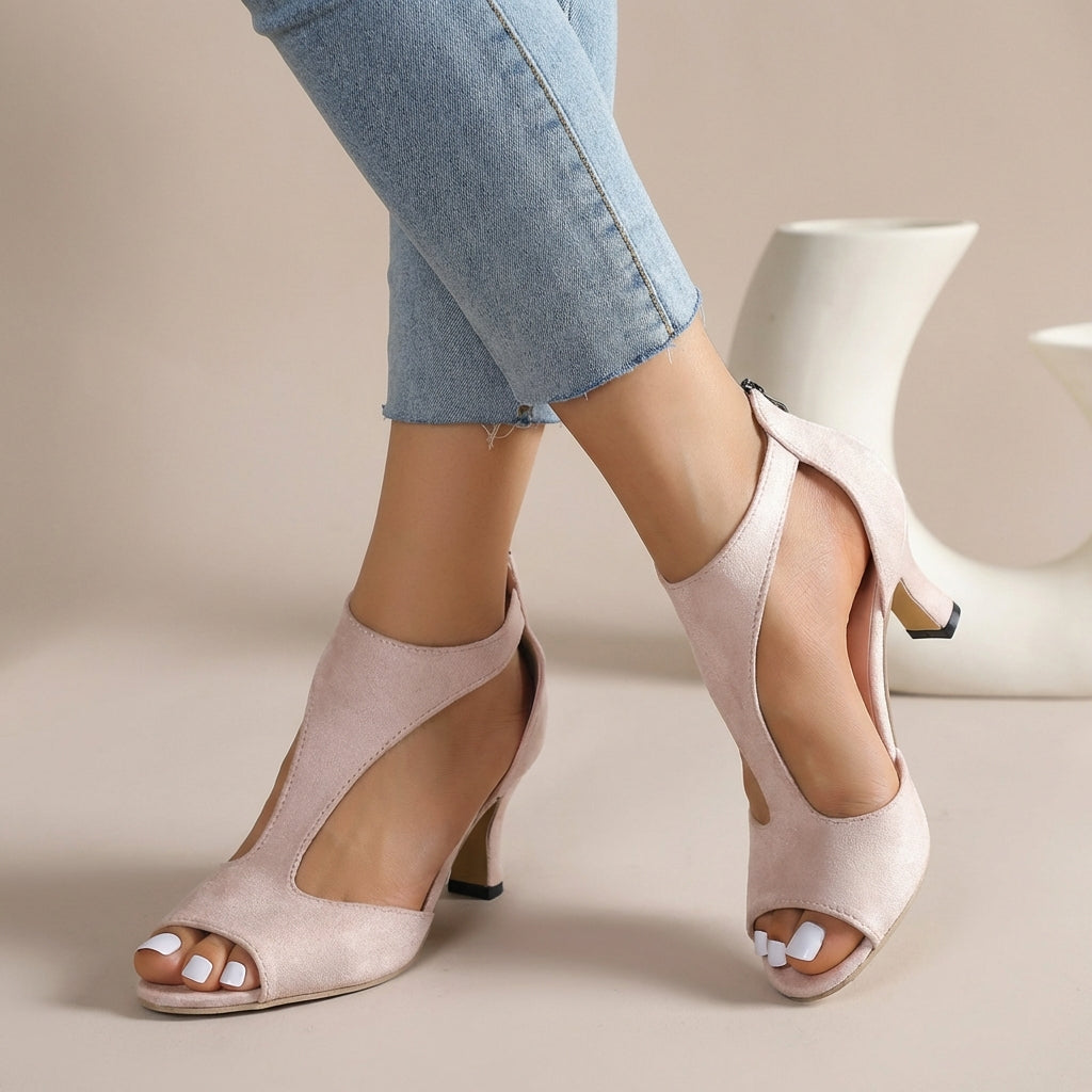 Sculpted Orthopedic Peep-Toe T-Strap Mid-Heel Heels for Women – Supportive & Stylish Comfort