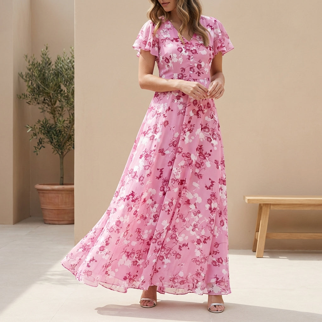 Sienna A-Line Maxi Dress | V-Neck Flutter Sleeve Dress
