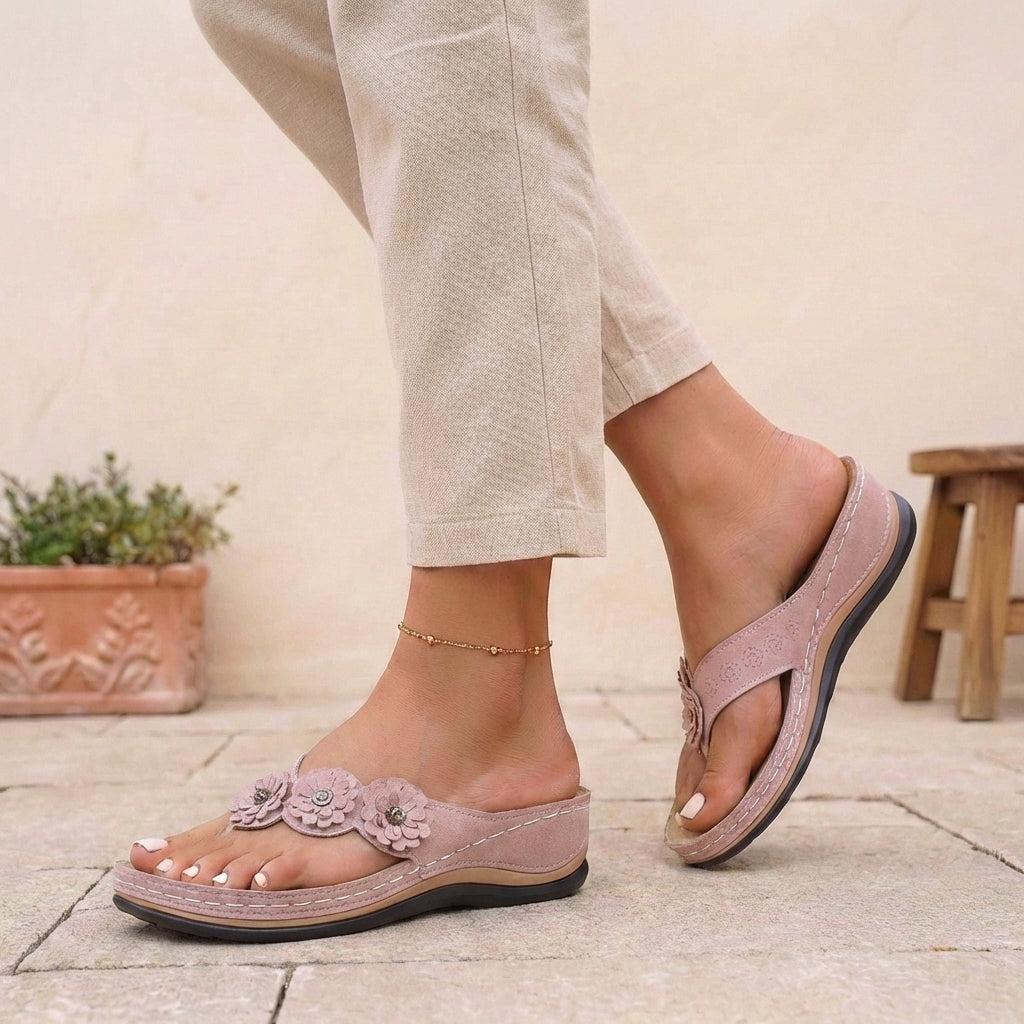 Sienna Orthopedic Open Toe Wedge Flip-Flops | Floral Embellishments Wedge Flip-Flops