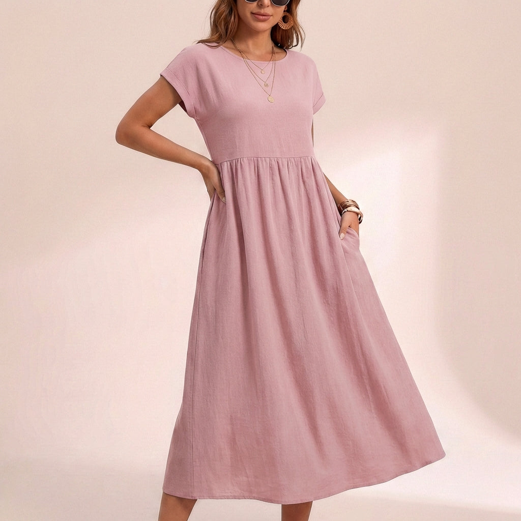 Isla Relaxed Fit Midi Dress | Side Pockets Gathered Waist Dress