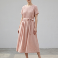 Pleated Belted A-Line Midi Dress for Women – Casual Elegant Comfort