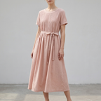 Pleated Belted A-Line Midi Dress for Women – Casual Elegant Comfort