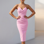 Ruched Bustier Bodycon Midi Dress for Women – Elegant & Figure-Flattering