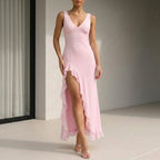 Sophia Fitted Maxi Dress | Ruffled High Slit Sleeveless Dress